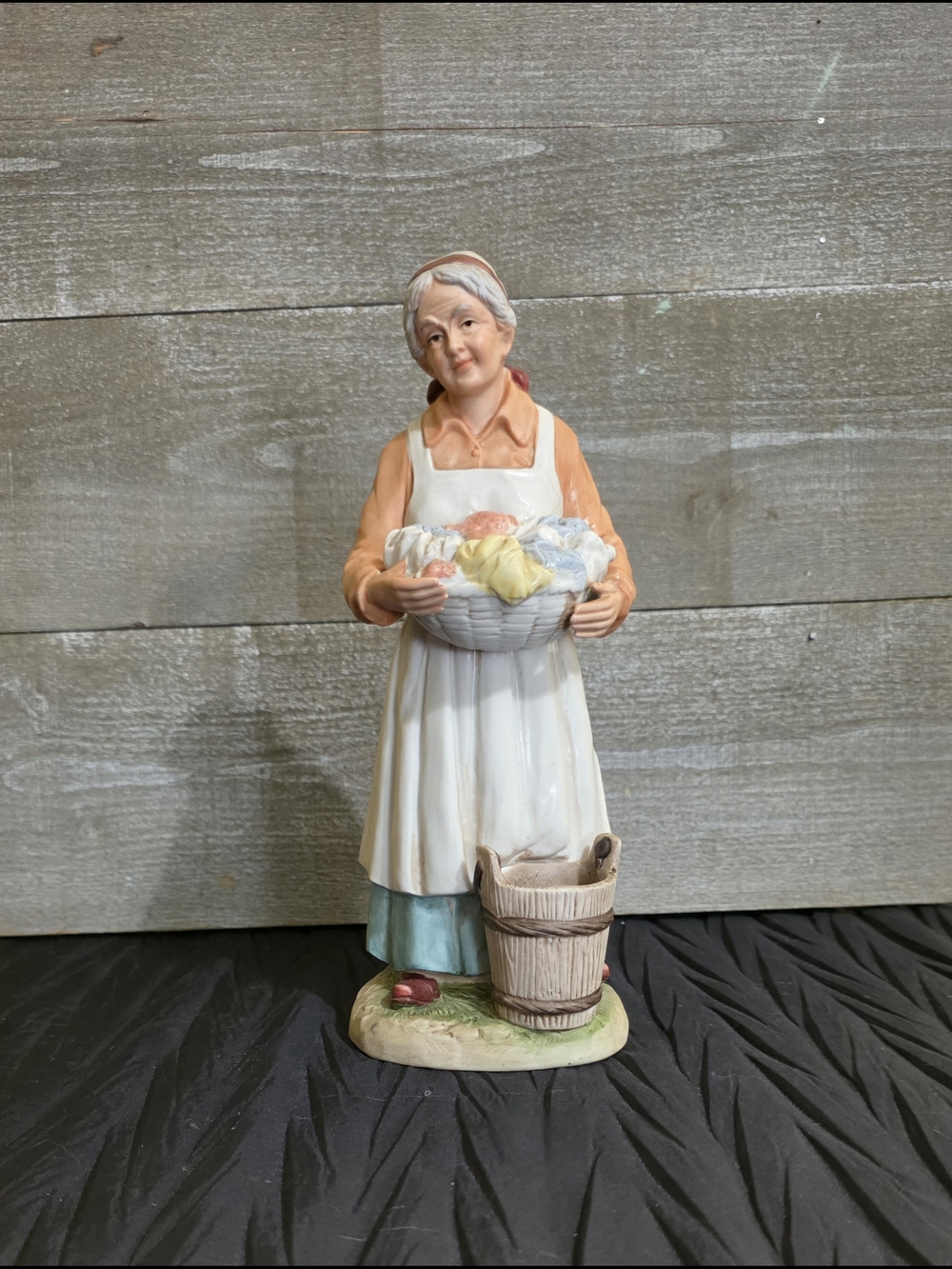 Homco Ceramic Figurine - White, Cream, Orange, Blue, Brown. Laundry Day. #8829